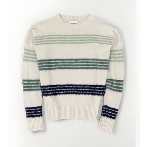 Mia and Tess Diamond‎ Knit Striped Crewneck Sweater Cream Green and Navy M Retro